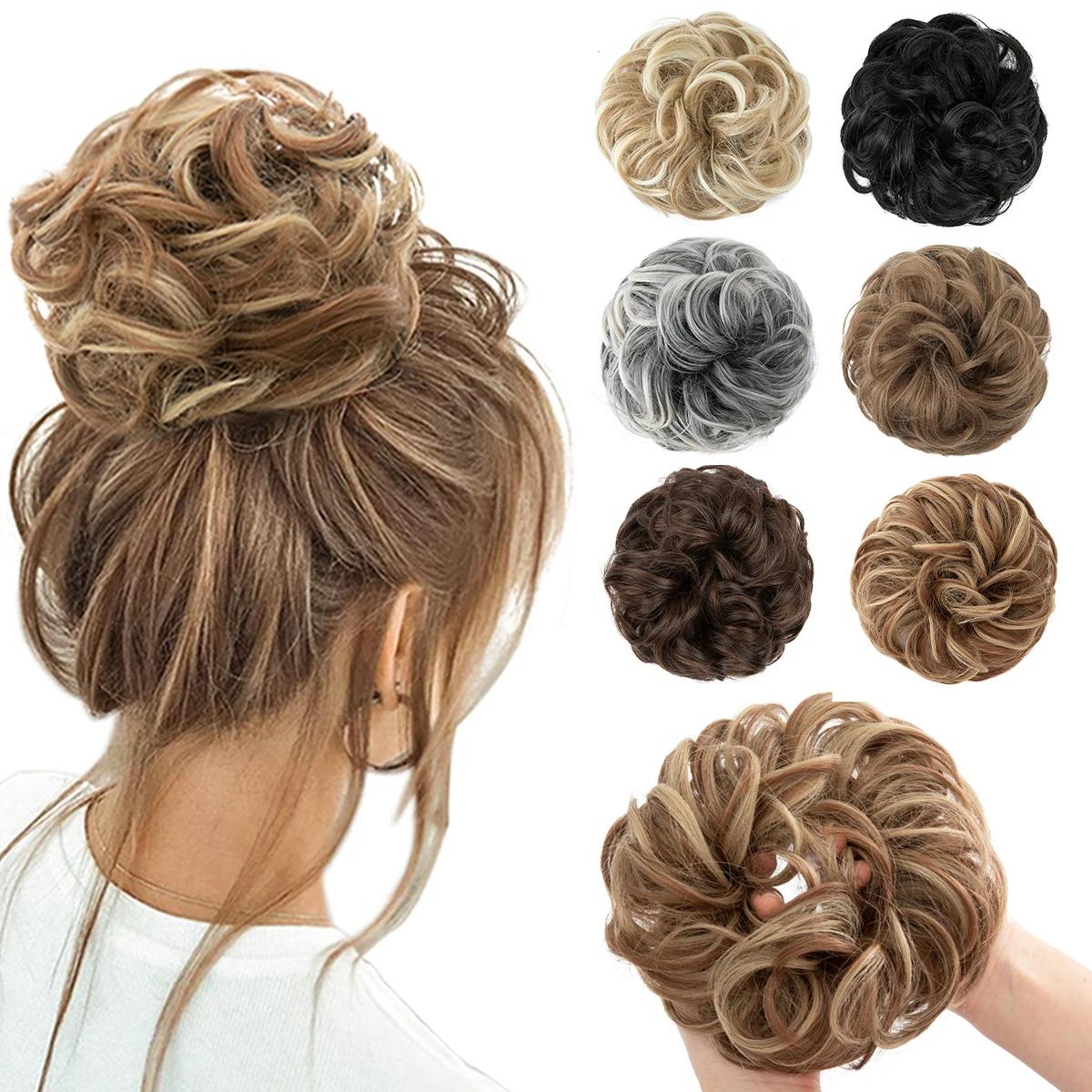Extensions de Chignon synthétiques en désordre, grands chouchous élastiques bouclés, postiche Chigno