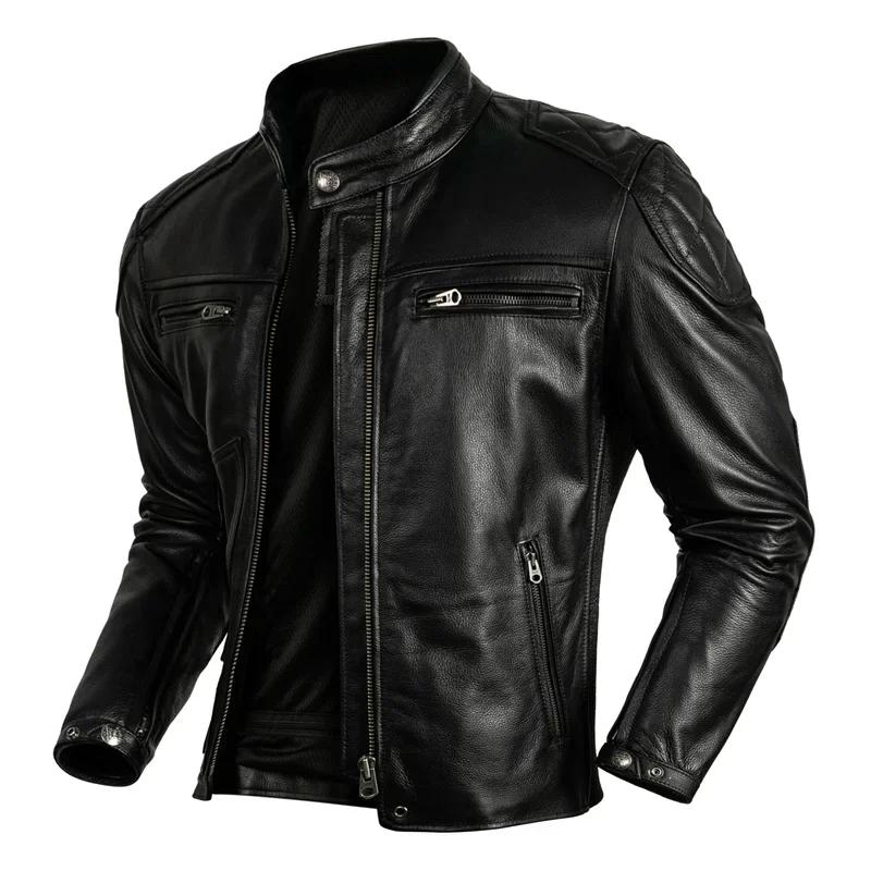 Veste en cuir de vachette couche supérieure pour hommes, col montant noir, manteau court en cuir vér