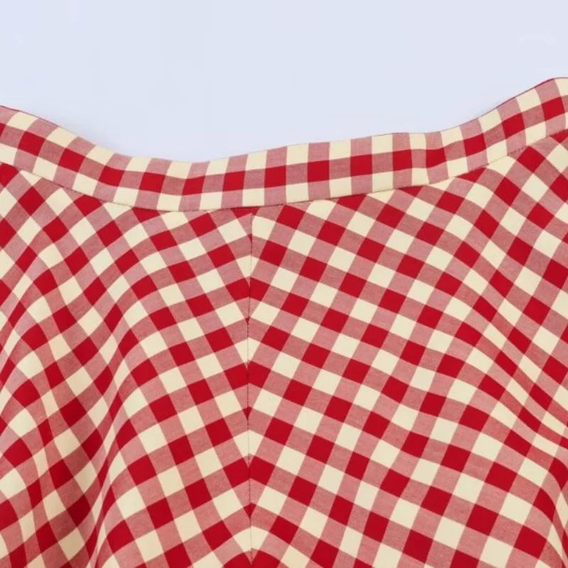 Jupe midi trapèze rouge à carreaux pour femme – Taille haute, ourlet évasé, jupe décontractée de pri