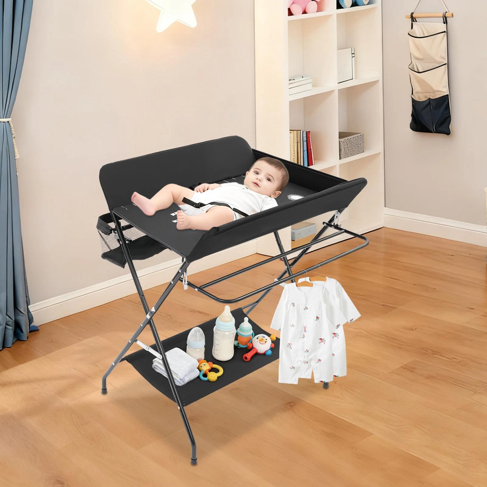 Table à langer pliable pour bébé, avec étagères de rangement, coussin avec échelle de hauteur, grand