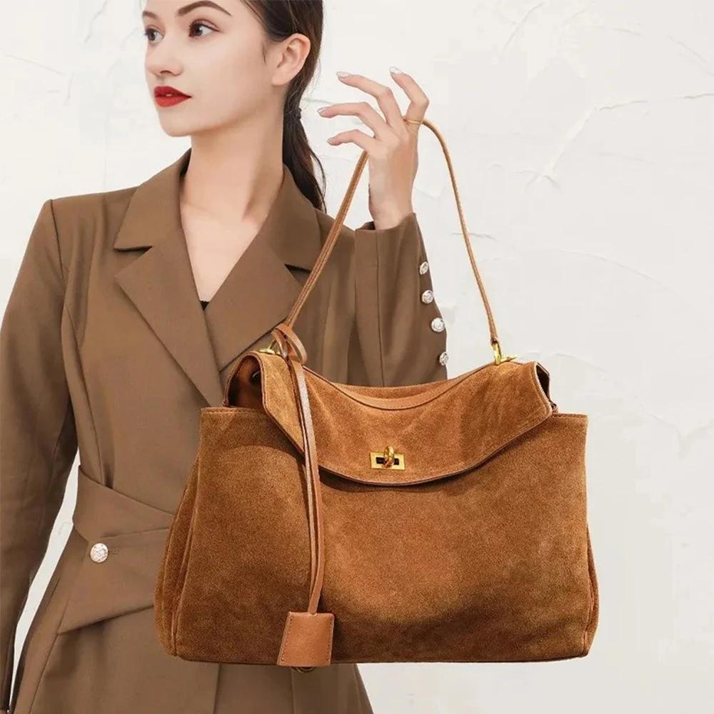 Sac à main en daim et cuir véritable pour femmes, sac à bandoulière de grande capacité, fourre-tout 