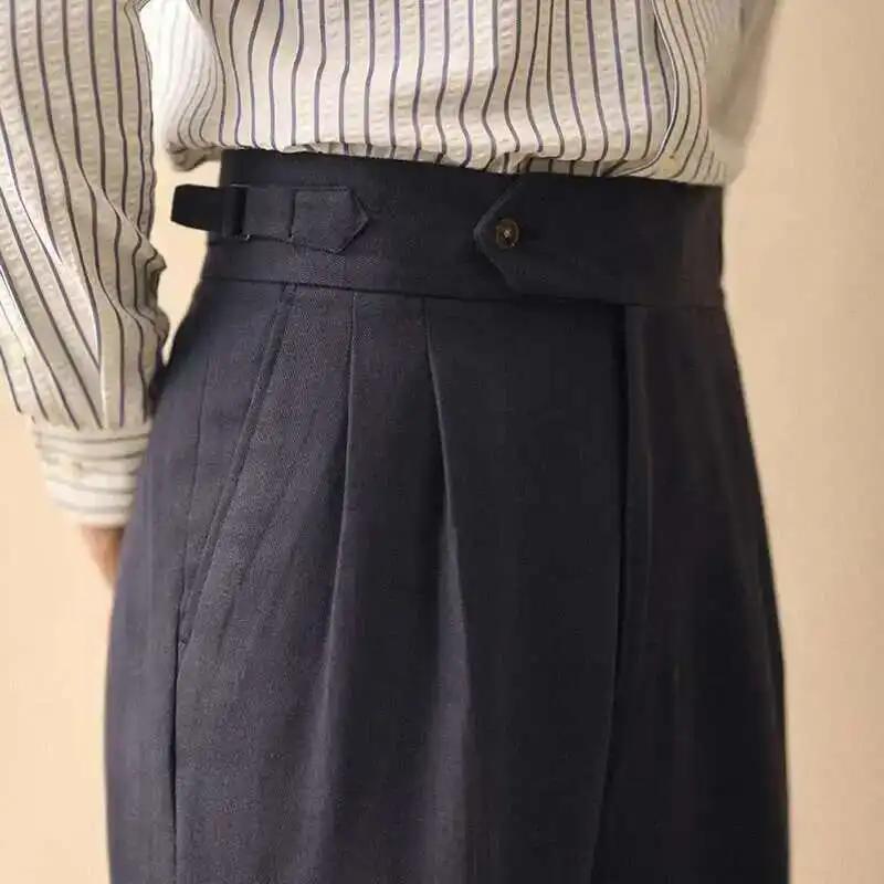Pantalon droit en lin pour homme, pantalon formel, taille haute, drapé à Paris, Gentleman Business, 