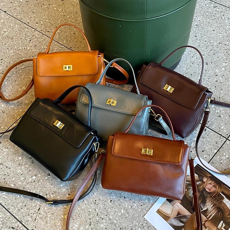 Sacs à main en cuir véritable pour femmes, marron vintage, sac à bandoulière à poignée supérieure, s