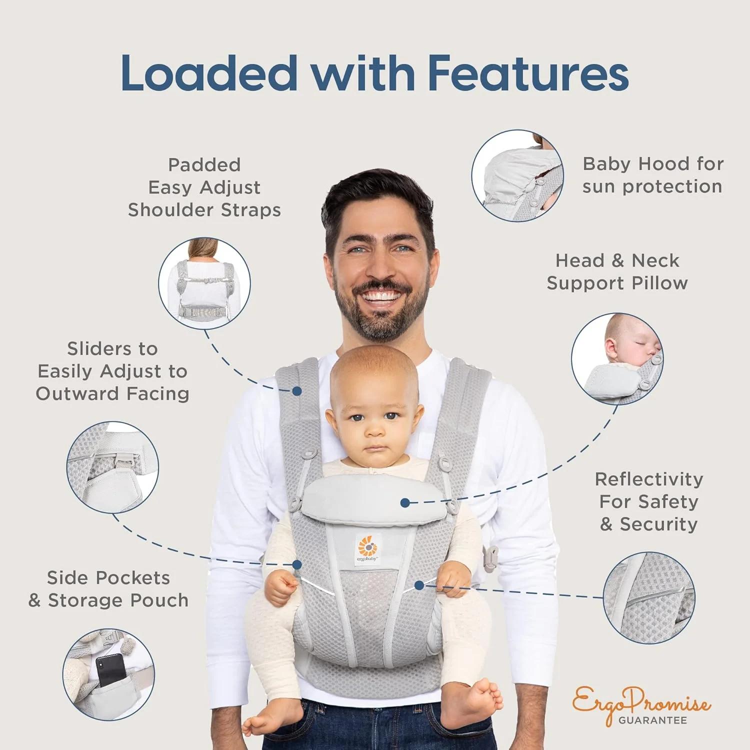 Ergobaby Porte-bébé en maille respirante, toutes positions de transport, améliorant le soutien lomba