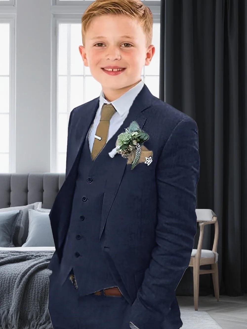 Costume en lin pour garçons, coupe cintrée, 3 pièces, Blazer, gilet, pantalon, été, plage, mariage, 