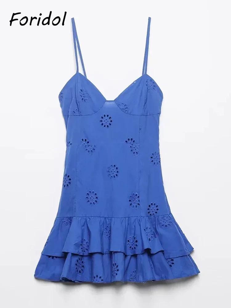 Foridol-Mini robe d'été en coton et dentelle pour femme, tenue de plage sexy, couleur unie, fermetur