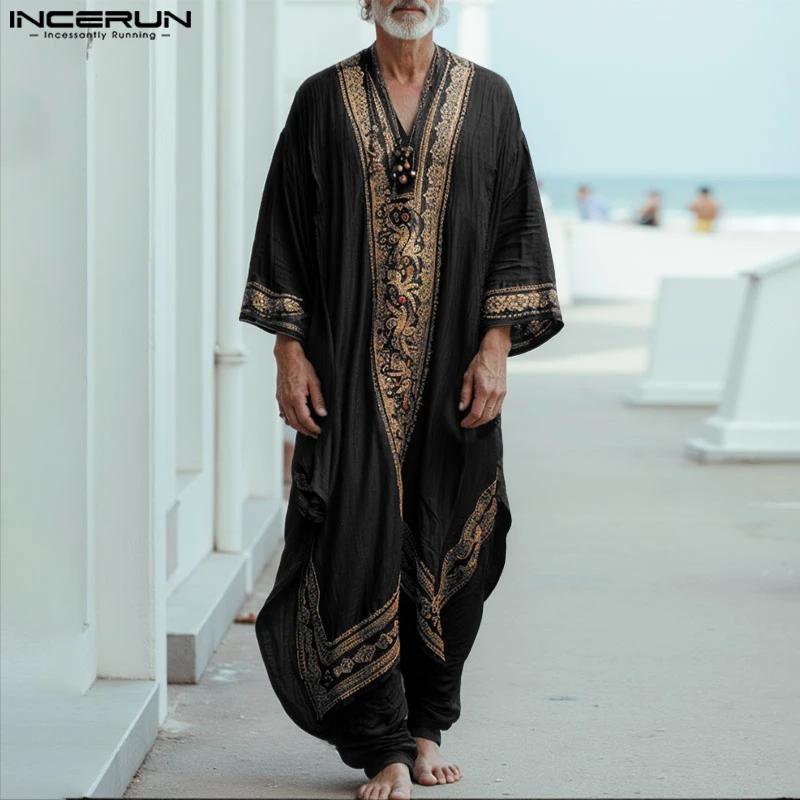 INCERUN hommes Jubba Thobe impression Patchwork col en V à manches longues hommes Robes caftan musul