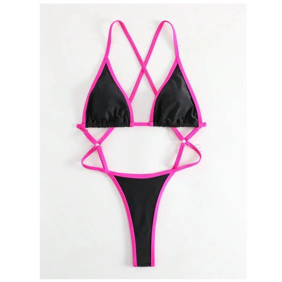 Cikini Summer Beach Maillot de bain une pièce avec bordure contrastée et col licou pour femme - Mail
