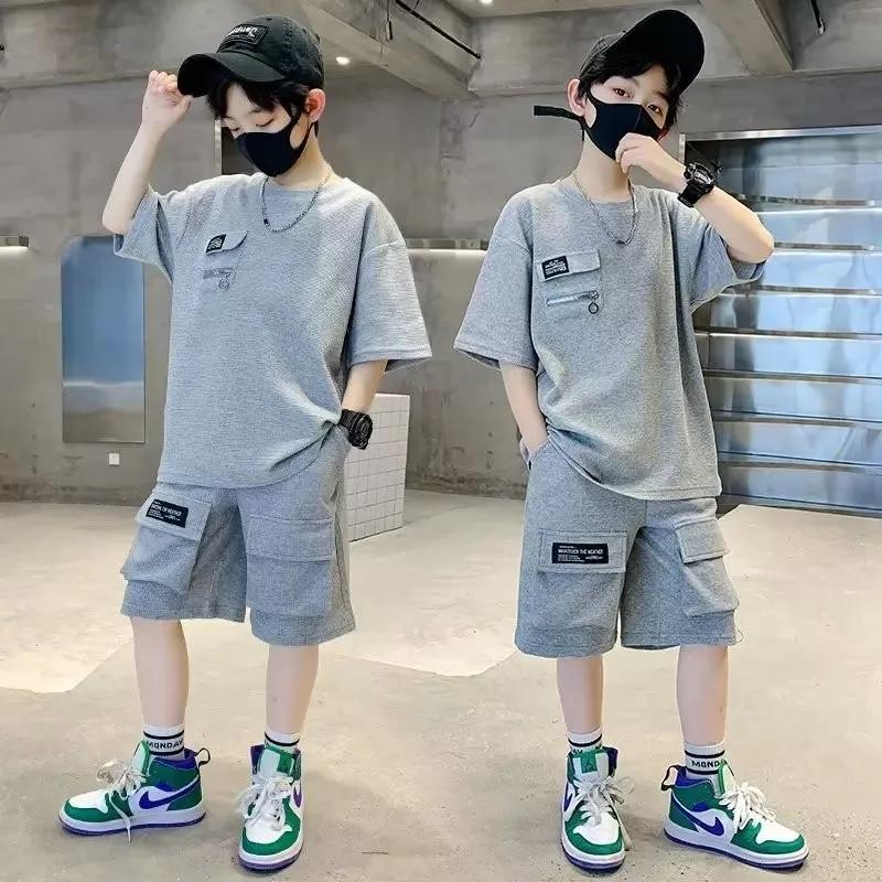 T-Shirt + short 2 pièces ensemble été enfants garçons lettre impression nouveaux enfants adolescent 