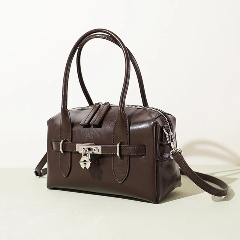 Sac à main Boston en cuir de Grain pour femmes, sac à main spacieux avec serrure, sac à bandoulière 