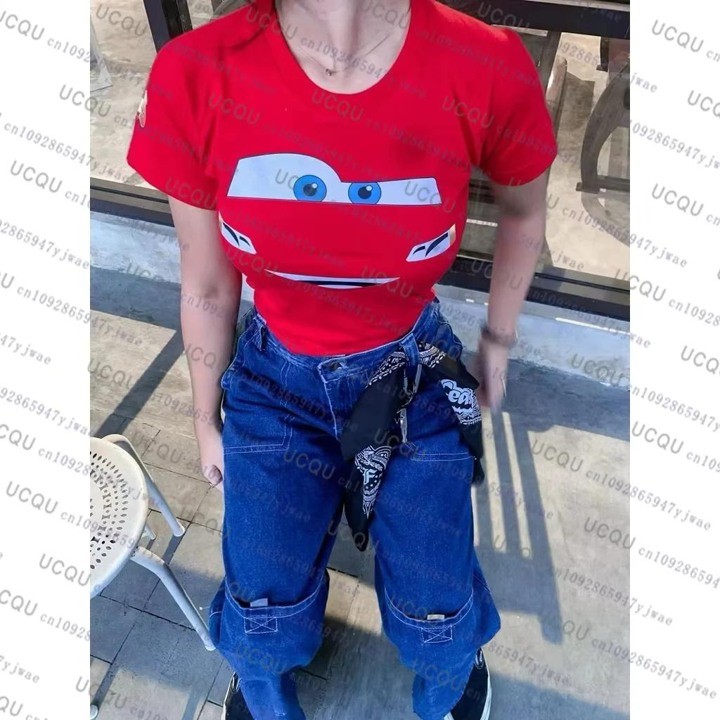 T-shirt court pour femme à imprimé Lightning McQueen Cars, manches courtes, style streetwear Y2K, co