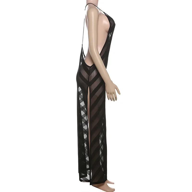 Maille voir à travers Sexy licou fête Club Maxi robe fendue tenues femmes été sans manches dos nu mo