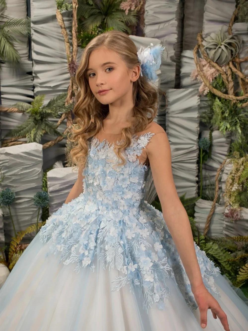 Robe de princesse florale 3D bleu clair scintillant pour filles, robe classique élégante sans manche