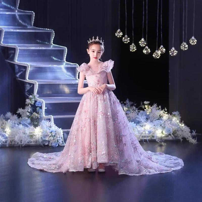 Robe de soirée élégante rose pour filles, style princesse avec traîne, pour petite fille, idéale pou