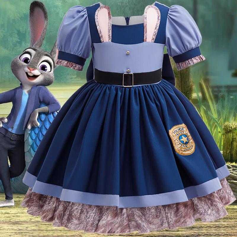 Costume Disney Zootopia 2 Judy Hopps pour filles, robe de lapin de police avec ceinture pour Hallowe