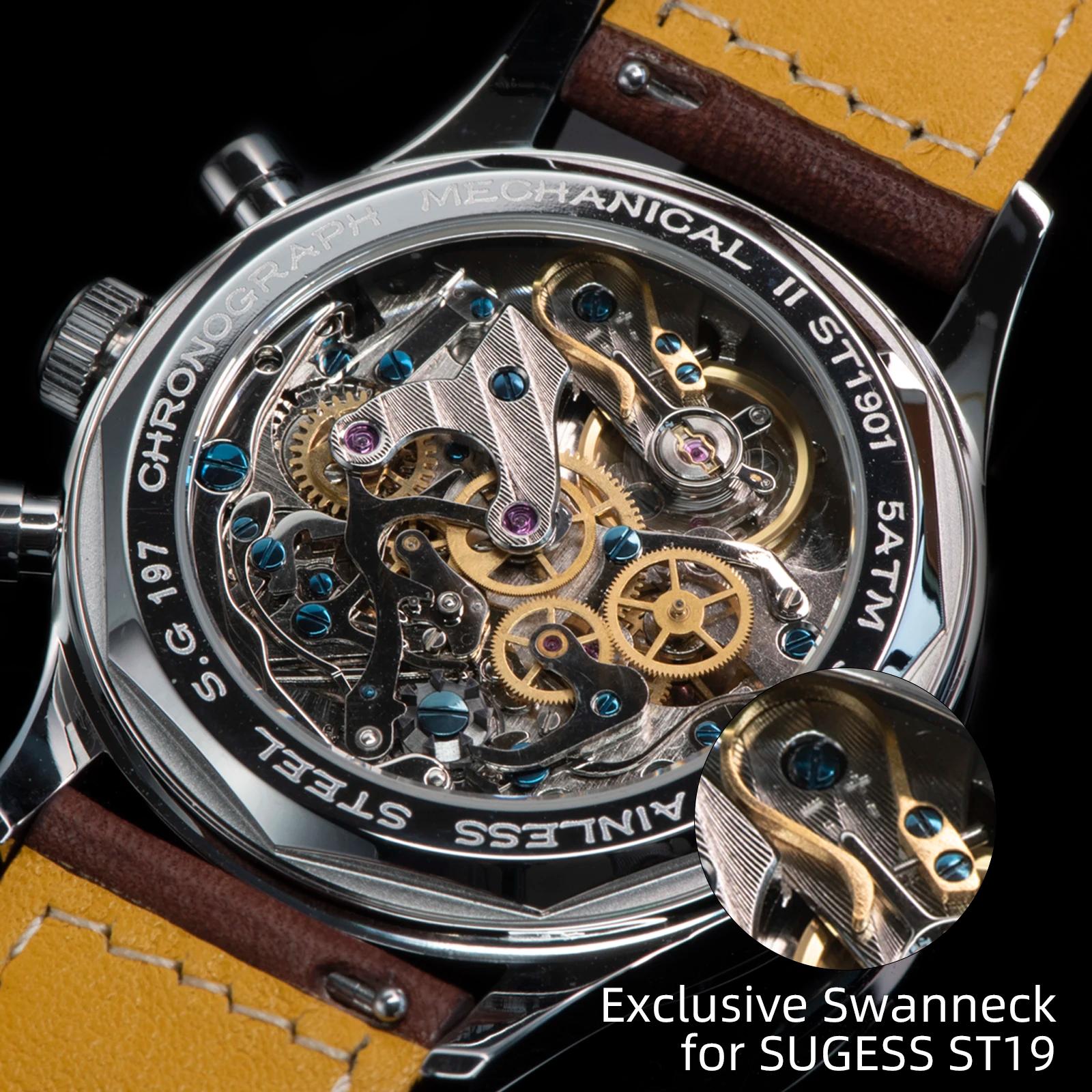 Sugess montre pilote ST19 mouvement d'origine montre-bracelet à col de cygne chronographe mécanique 