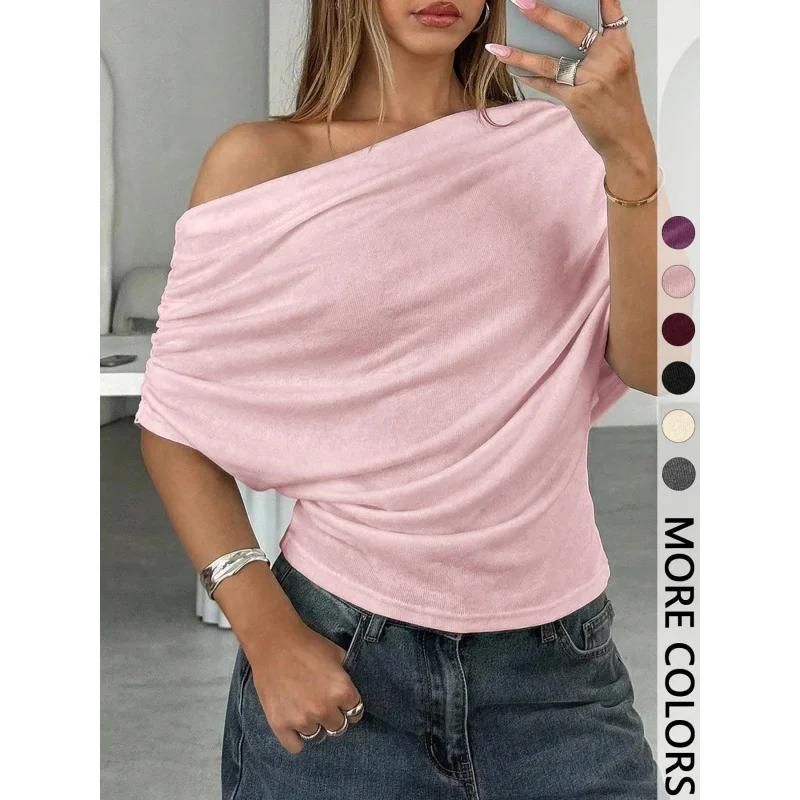 BKQU T-shirts d'été sexy à une épaule, mode slim, manches courtes chauve-souris, crop tops froncés, 