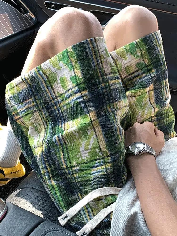 Short à carreaux vert Tie-dye pour hommes, rétro américain, grande taille, ample, cinq points, tenda