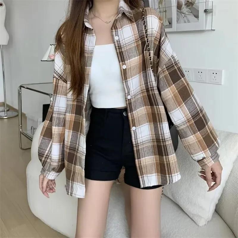 Chemise à carreaux pour femmes, mode automne, haut à manches longues, Vintage, simple boutonnage, ch