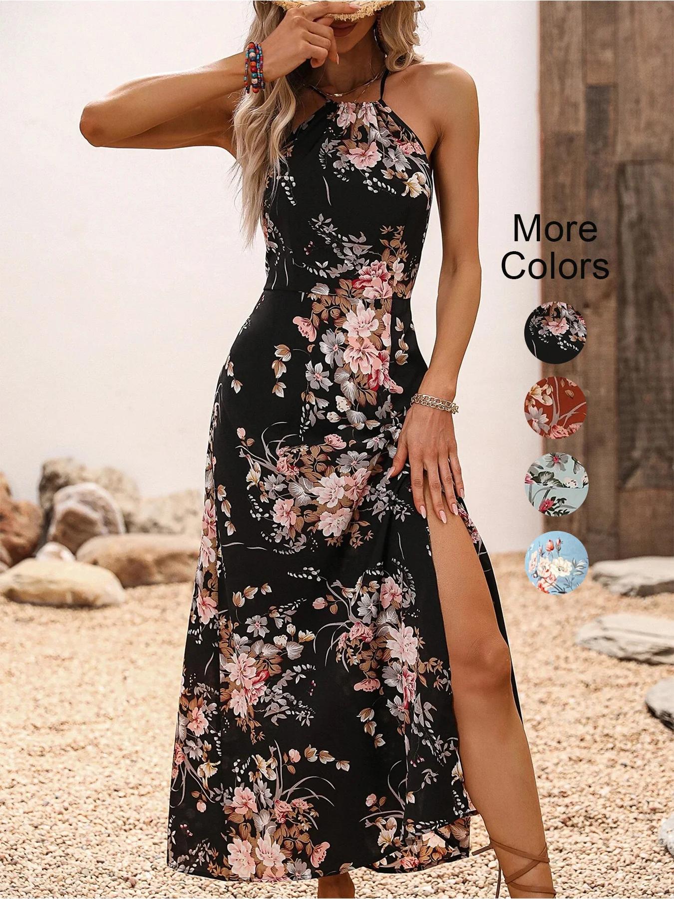 Robe dos nu pour femmes, imprimé Floral, fente haute, cuisses, été, sans manches, Sexy, moulante, pl
