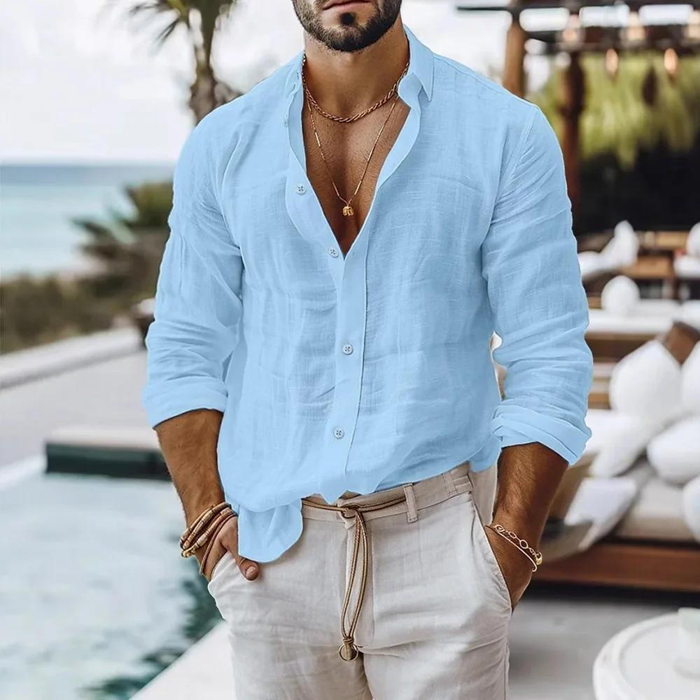 Chemise en coton et lin pour hommes, Style plage d'été, couleur unie, simple boutonnage, chemises re