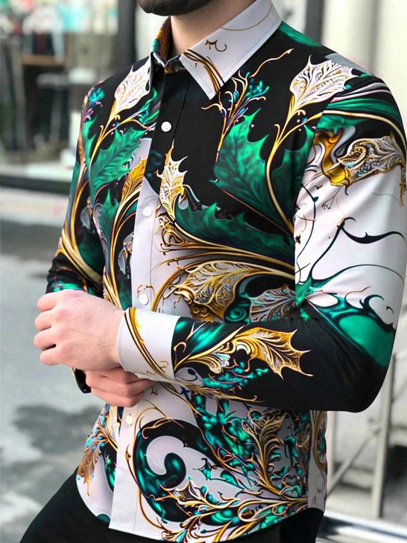Chemise boutonnée décontractée à motifs géométriques pour hommes – Mélange de polyester, col à rever