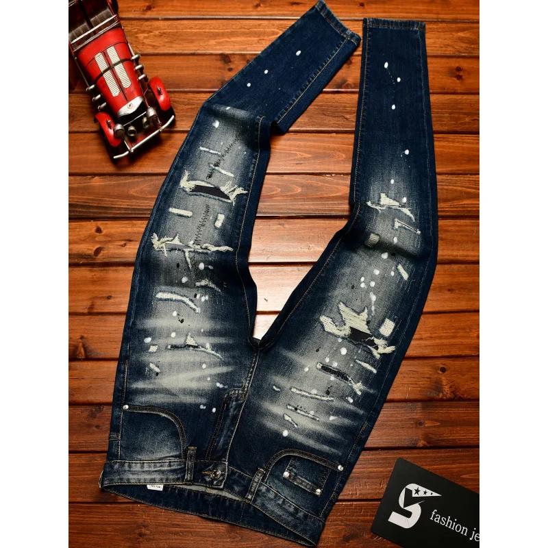 Jean nostalgique haut de gamme pour hommes, coupe slim avec petits trous, patchs grattés, tendance d