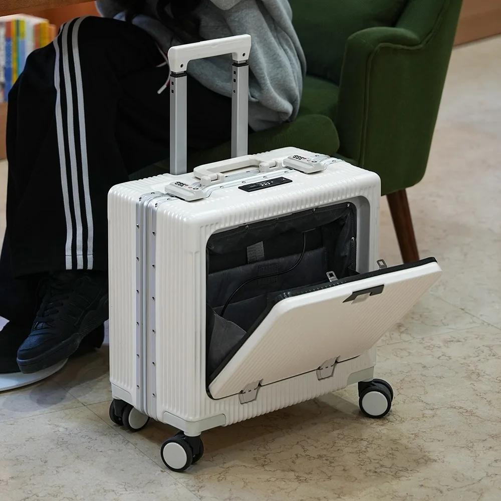 Valise de poche à ouverture avant, cadre en alliage d'aluminium, bagages roulants de 18 pouces, sacs