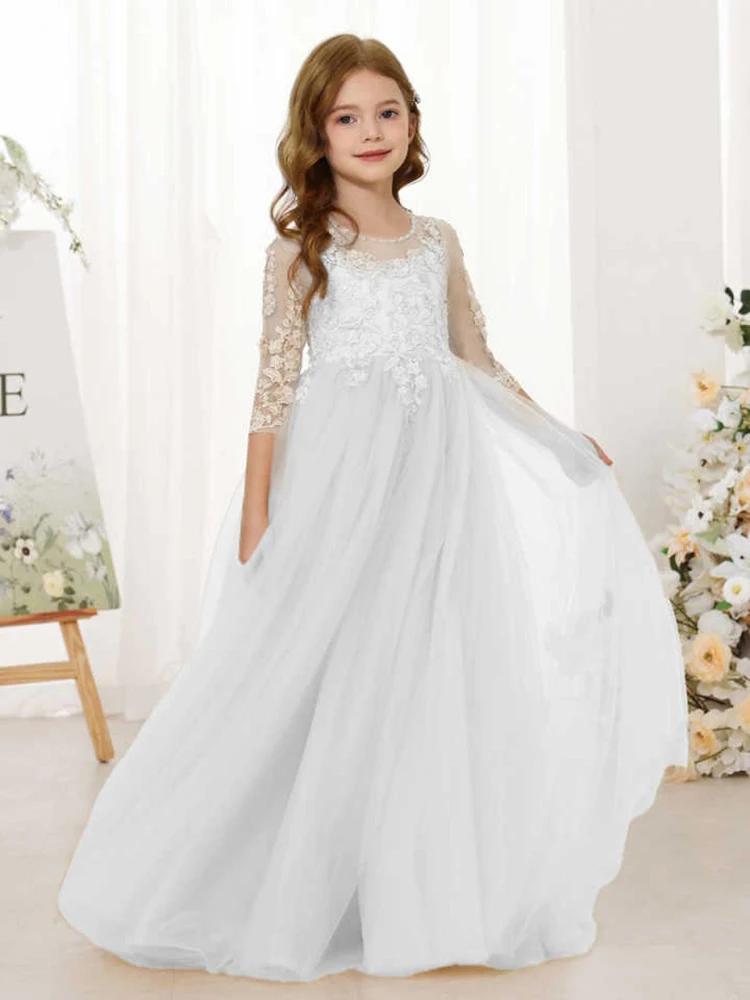 Robe de demoiselle d'honneur en dentelle avec des Appliques florales, manches 3/4, robe de bal en Tu
