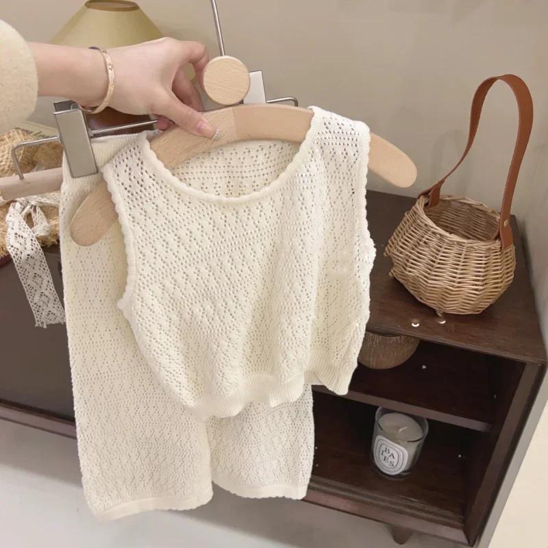 Ensemble été fille 2024 en tricot coréen fin - Gilet ajouré respirant et pantalon large élégant