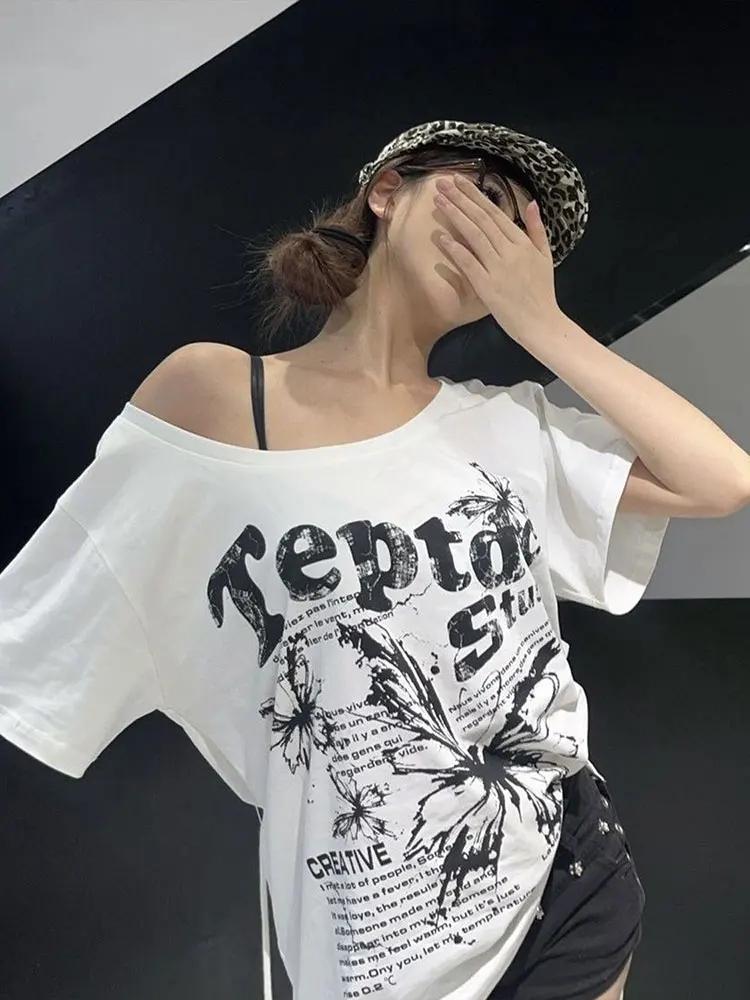 White 100% Cotton Y2k Vintage Oversize Off shoulder Short sleeve T shirt With Print Women Casual Sum