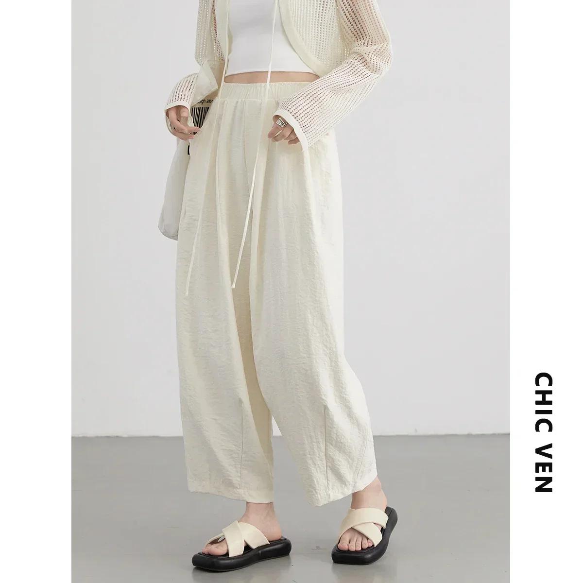 CHIC VEN femmes blanc pantalon solide décontracté taille élastique taille haute plissé jambe large f