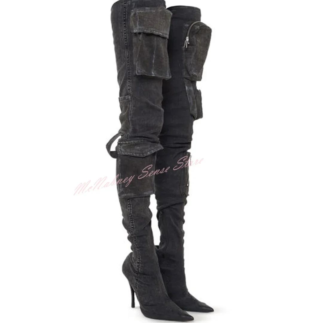 Bottes à lanières de poche en denim pour femmes, chaussures pointues Parker, talons aiguilles, cuiss