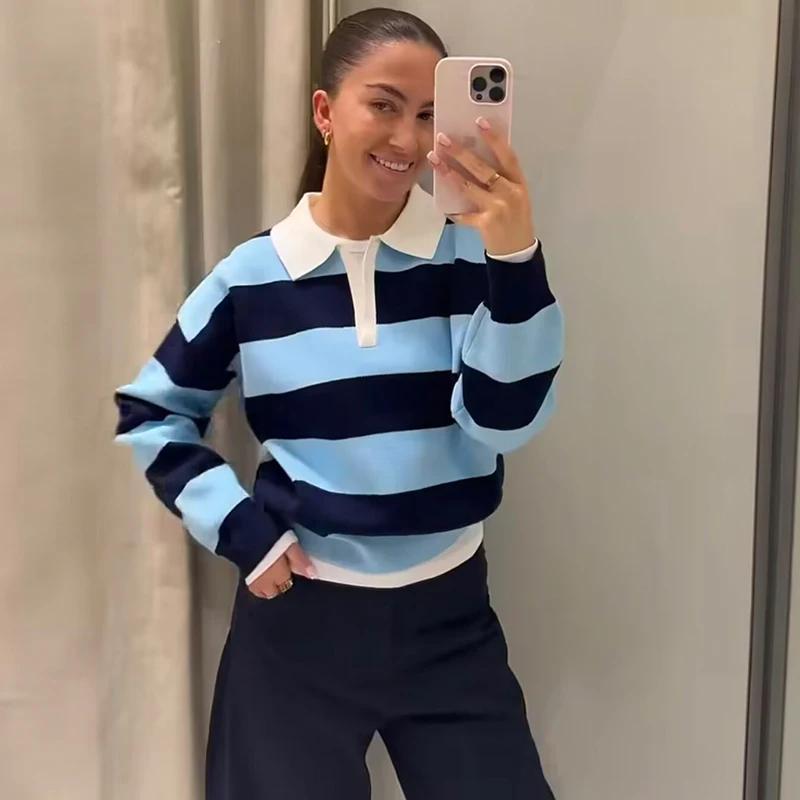 Pull tricoté à col polo pour femme, collection Printemps 2026, rayures tendance, coupe ample, élégan
