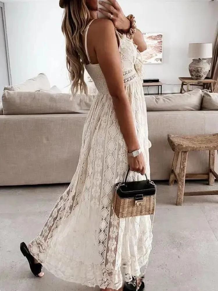 Robe longue en dentelle sans manches pour femmes, mode d'été, Sexy, plage, vacances, col en V, ajour
