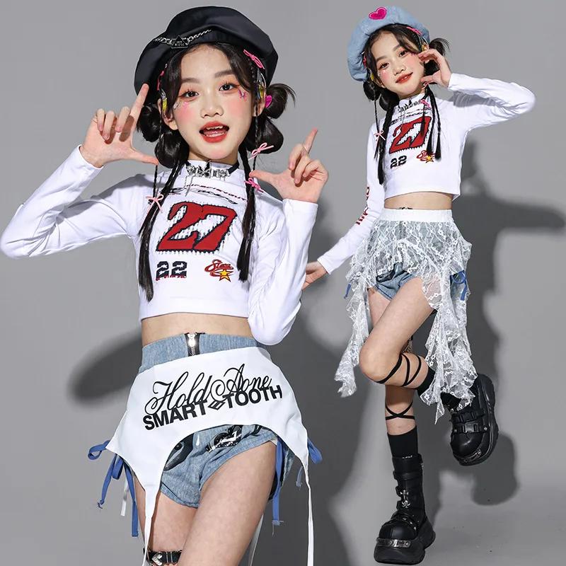 Vêtements de danse Kpop pour filles, tenue de spectacle de jazz sur scène, haut court blanc, short e