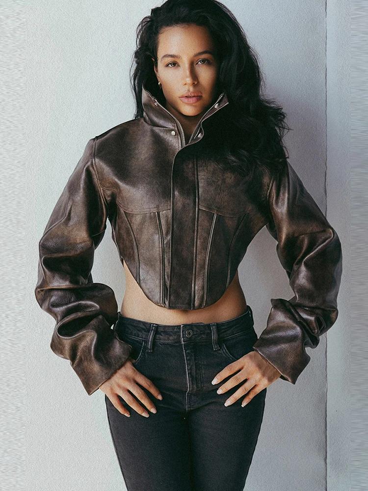 Nibber Hottie Crop Veste Femmes Col Roulé Pu Irrégulière Zip Bouton À Manches Complètes Sauvage Sexy