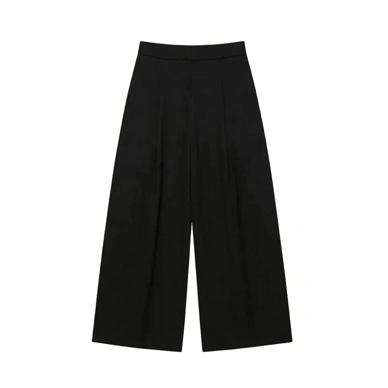 Pantalon Baggy Noir Plissé à Jambes Larges Rayé Décontracté Taille Haute pour Femme Printemps