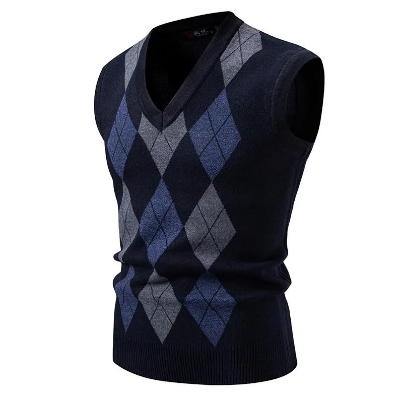 Nouveaux hommes Argyle tricots gilet col en V sans manches décontracté coupe ajustée pull tricoté pu