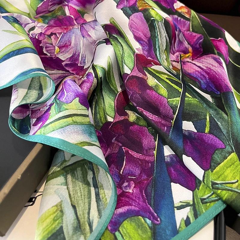 Foulard carré en soie véritable pour femmes, imprimé Floral, châle de luxe, Hijab, bandeau Bandana, 