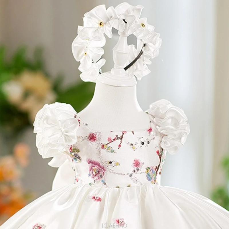 Robe de mariée en Satin blanc pour filles, tenue de princesse Tutu à manches flottantes, vêtements p