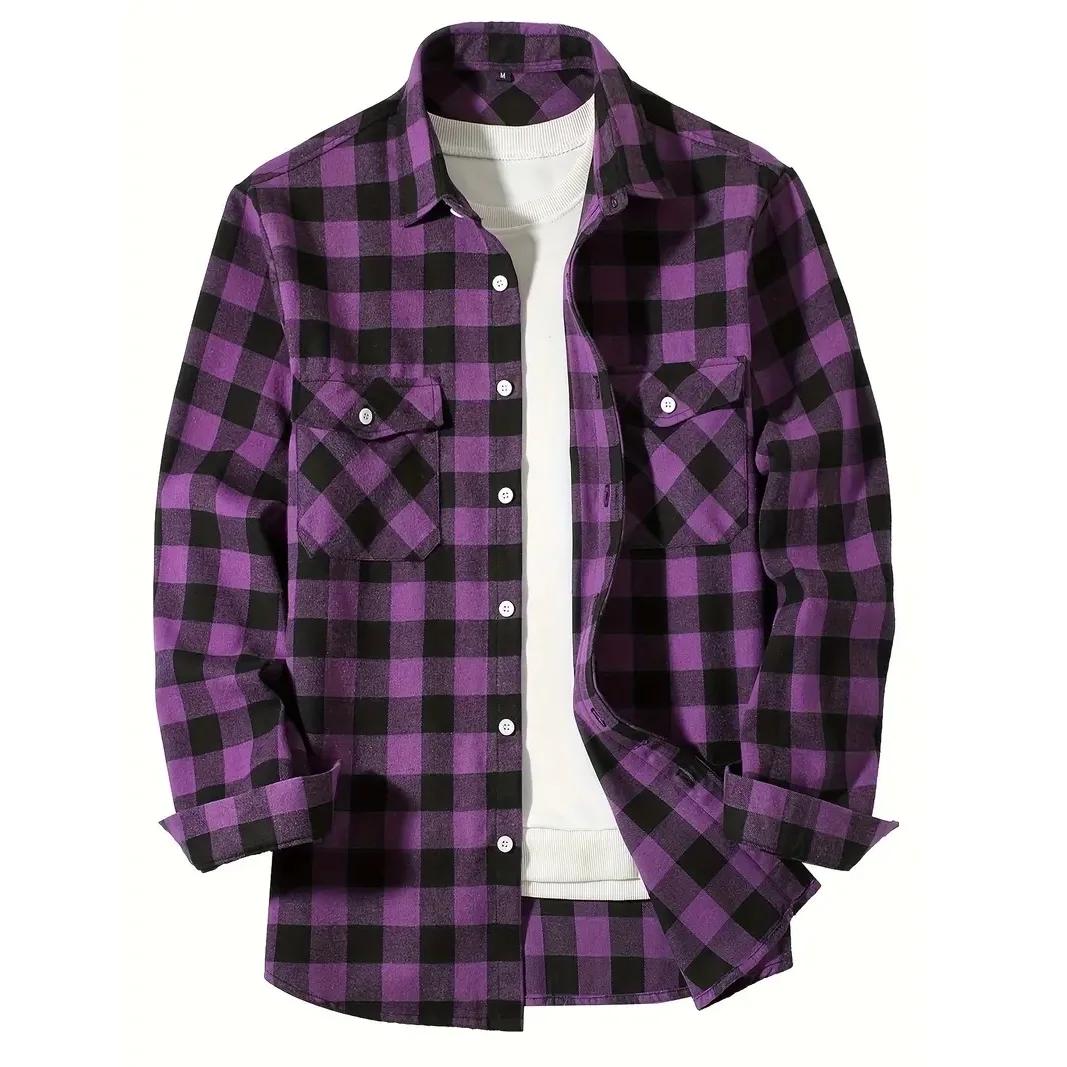 Chemise à carreaux décontractée à simple boutonnage pour hommes, chemise à manches longues, double p