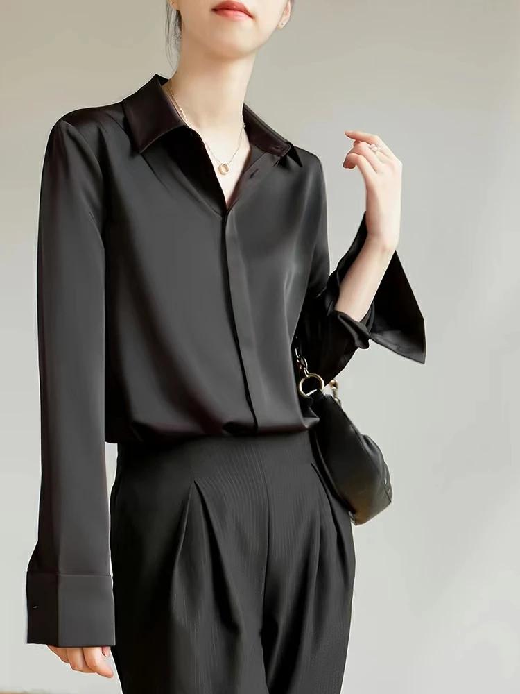 Chemisier en Satin à manches longues pour femmes, mode française, chemises de couleur unie, vêtement