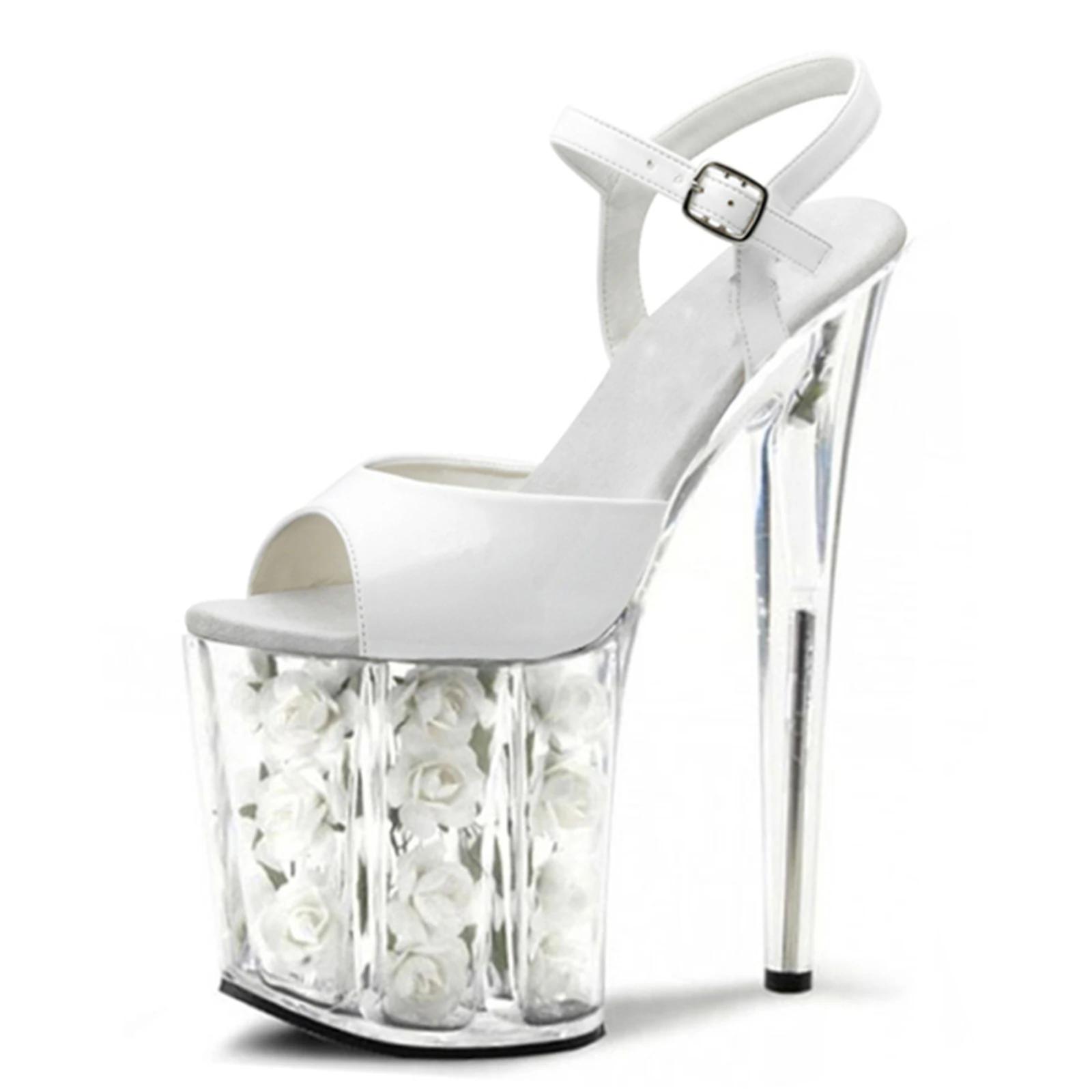 Chaussures de mariage à talons roses de 20CM, sandales à plateforme en cristal rouge avec fleurs fra