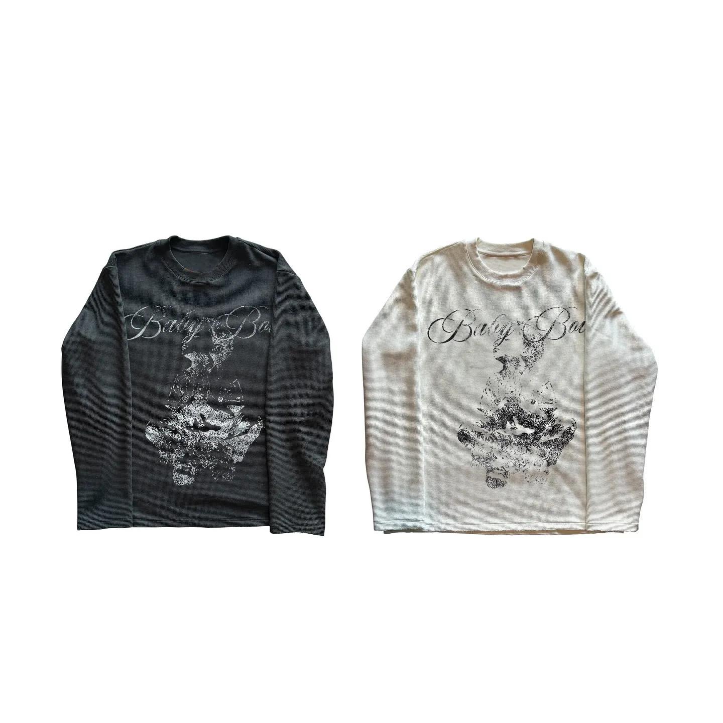 Nouvelle Arrivée 2026 – T-shirt Femme Y2K en Maille Gaufrée à Manches Longues, Imprimé Lettres Anges