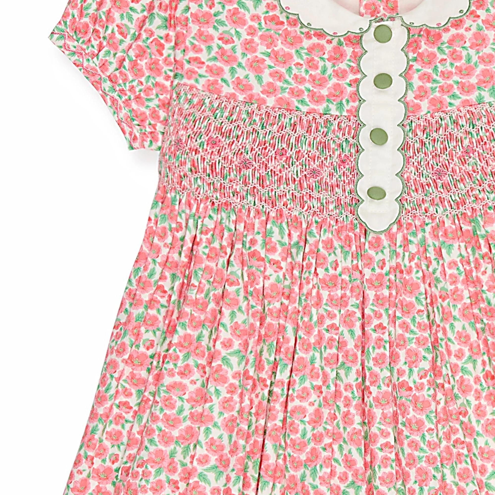 Robe d'été pour fille, style vintage, rouge, à fleurs, brodée, smockée, manches courtes, vêtements d