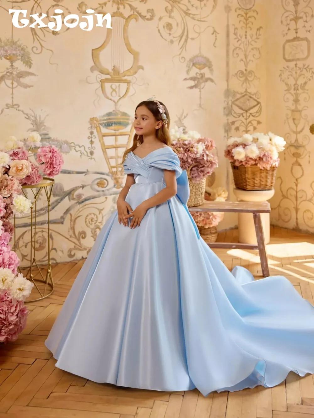Robe longue de princesse en satin bleu clair pour enfants, tenue de fête d'anniversaire, épaules dén