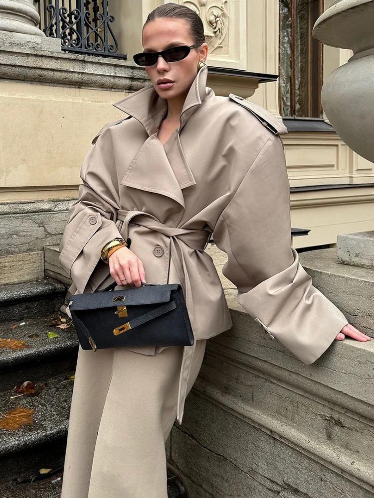 Coupe-vent court à lacets pour femmes, couleur unie, Vintage, revers, manches longues, ceinture, poc