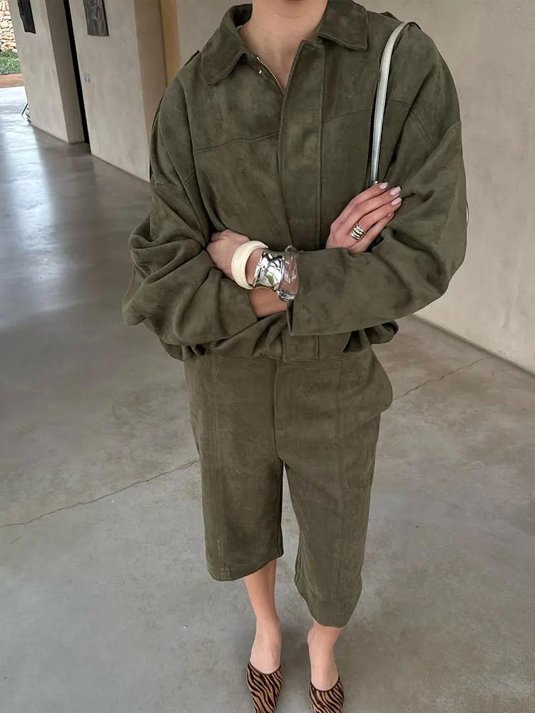 HH printemps femmes daim manteau pantalon ensembles revers fermeture éclair manches longues vestes S