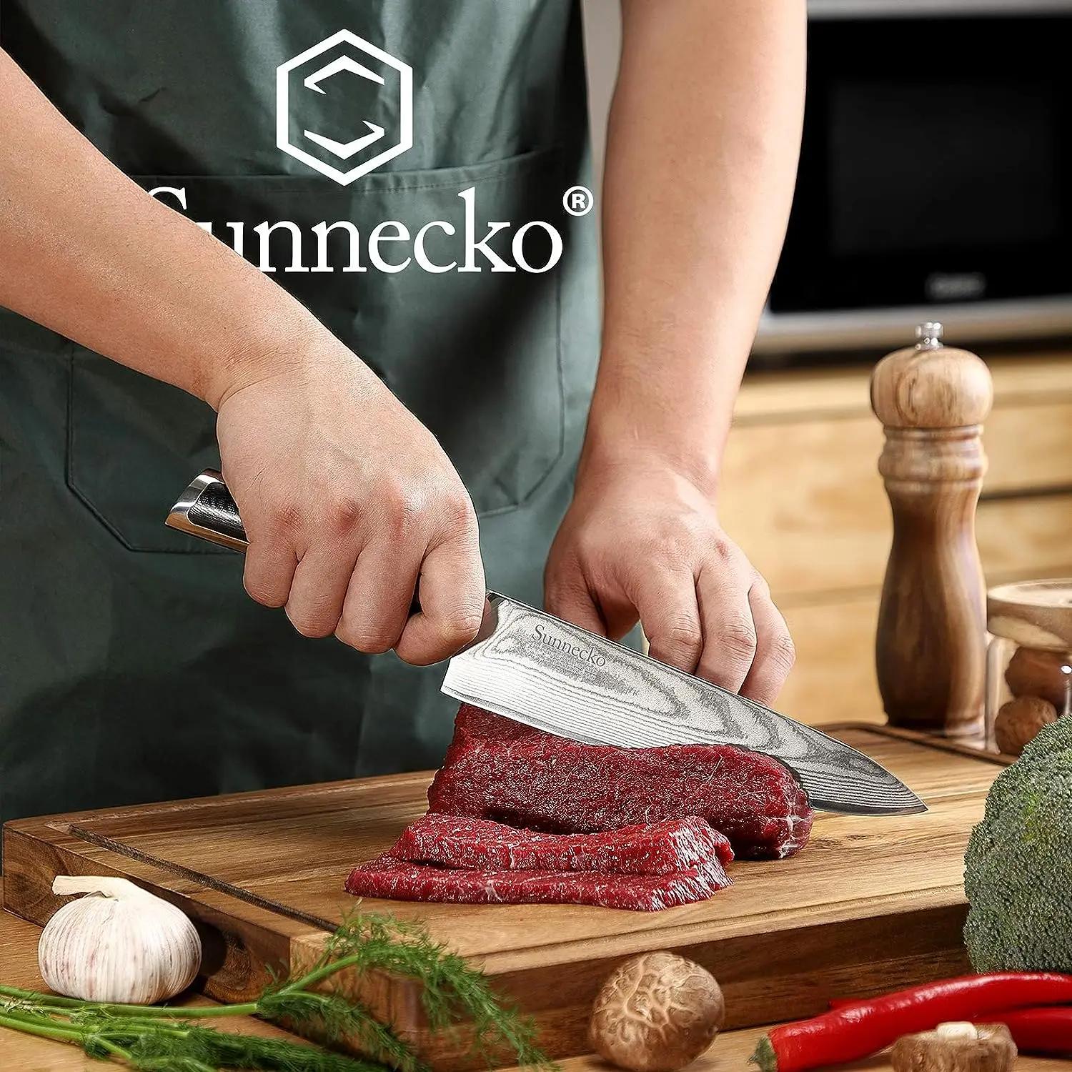 Sunnecko damas couteaux de cuisine 1-8 pièces/ensemble VG10 damas acier couperet Santoku fruits éplu
